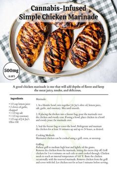 the recipe for grilled chicken marinade on a plate with a checkered table cloth