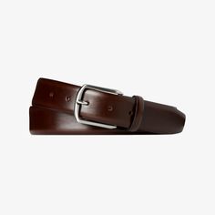 This classic brown belt features a chrome buckle and is made from supple calf leather. Leather Belt With Removable Buckle For Semi-formal Occasions, Elegant Brown Calf Leather Belt, Classic Brown Belt Buckles For Work, Elegant Leather Belt With Smooth Grain, Classic Calf Leather Belt Buckles For Formal Wear, Brown Leather Belt Buckles For Work, Classic Bridle Leather Belt Buckles For Workwear, Modern Leather Belt For Semi-formal Occasions, Formal Brown Calf Leather Belt