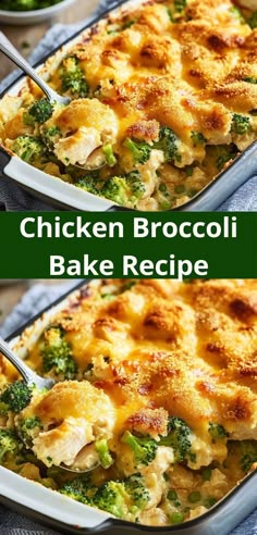 chicken broccoli bake recipe in a casserole dish with two servings