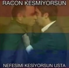 two men are kissing each other in front of a rainbow colored background with the words racon kesmoyorisun