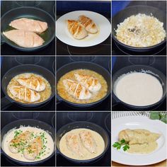 several pictures of different types of food in pans