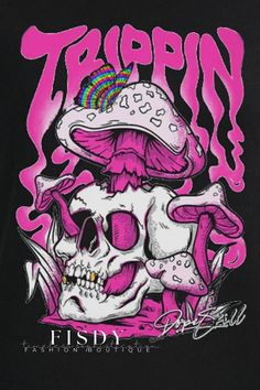 a black t - shirt with pink and white graphics on it that says trippin