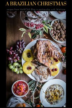 a table topped with plates and bowls filled with different types of food on top of it