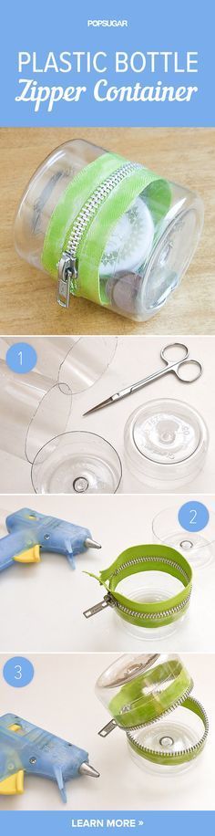 the instructions for how to make a plastic bottle zipper container