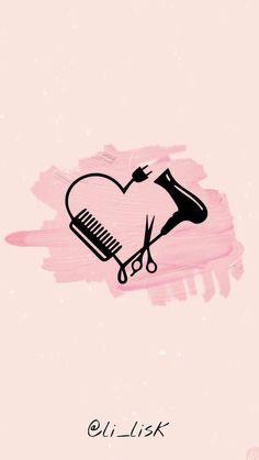 a pink background with scissors and a heart shaped hairbrush on it's side