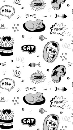 a black and white pattern with cats