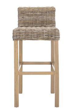 a wicker bar stool with an upholstered seat and backrest, on white background