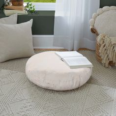 a living room scene with focus on the floor and pillows in front of the window