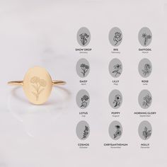 14K 18K Solid Gold Personalized Birth Flower Oval Ring, Combined Birth Month Floral Signet Ring, Custom Engrave Oval Statement Ring, Wildflowers Memorial Ring Material: Solid Gold (real gold, no gold-filled or no gold plated material) Available gold Karat: 14K (585), 18K (750) Available gold color: Yellow, rose, and white Height: 12.0 mm Width: 10.0mm The sizes may differ slightly due to handwork. M o r e * F r o m * U s Goldstore Jewelry - https://etsy.me/3gHtcrZ * Urn Necklaces - https://etsy. Gold Oval Flower Ring With Birth Flower Detail, Oval Flower Ring For Weddings With Birth Flower, Oval Birth Flower Wedding Ring, Oval Engraved Flower Ring For Anniversary, Gold Oval Ring With Birth Flower Design, Gold Oval Ring With Birth Flower Detail, Gold Oval Birth Flower Ring, Gold Oval Ring With Birth Flower, Dainty Oval Flower Ring As Gift