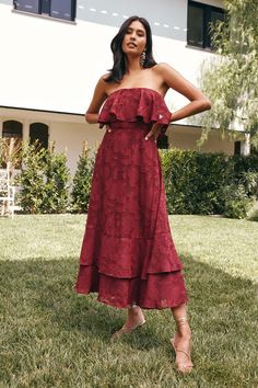 Burgundy Midi Dress - Floral Dress - Jacquard Midi Dress - Lulus Barn Wedding Guest Dress, Midi Dress Formal Wedding, White Veil, Semi Formal Wedding, Shower Dress, Burgundy Midi Dress, Wedding Colours, Off Shoulder Gown, Midi Dress Formal