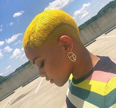 Yellow Natural Hair, Yellow Hair On Black Women, Yellow Buzzcut, Bald Fade Women Black Color, Black Women Yellow Hair, Yellow Bob Wigs On Black Women, Short Natural Haircuts, Short Hair Designs