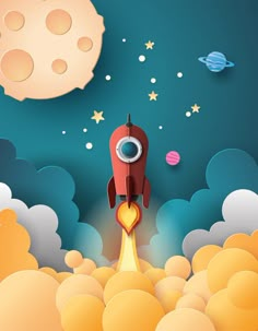 an illustration of a rocket taking off into the sky with stars and planets in the background