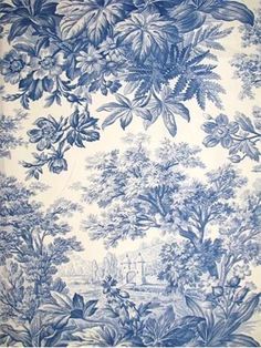 a blue and white wallpaper with flowers