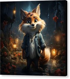 a painting of a fox standing in the middle of a forest with lanterns on it