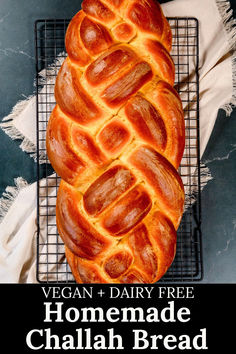 A braiding loaf of vegan challah bread is on a black wire cooling rack with a kitchen towel under it. The loaf rests on the kitchen countertop. Text on the image reads, "vegan and dairy free homemade challah bread". Vegan Challah Bread Recipe, Vegan Challah Bread, Vegan Challah, Tamale Recipes, Challah Bread Recipe, Vegan Bread Recipes, Challah Bread Recipes, Vegan Bread Recipe