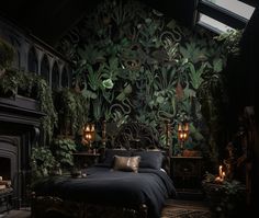 a bed sitting under a window next to a fireplace in a room with plants on the wall