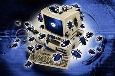 an old computer with bugs crawling around it's keyboard and mouse, in front of a blue background