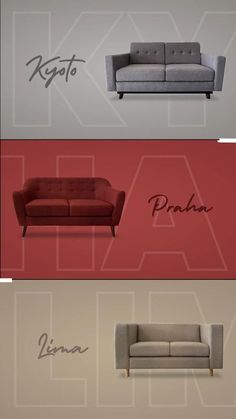 three different types of couches with the names on them and one is red, white,