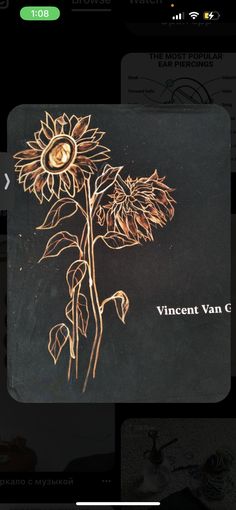 an embroidered sunflower on a black background with the words, innocent van goghn