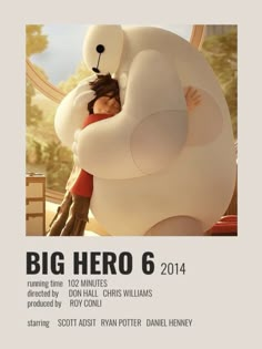 a poster for the movie big hero 6, featuring a woman hugging a giant teddy bear