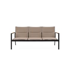 three seat sofa with black frame and beige leather upholstered back, viewed from the front