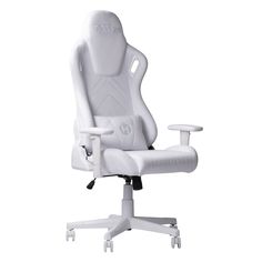 a white office chair sitting on top of a white desk stool with arms and legs