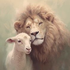 a lion and a lamb are shown in this artistic painting by artist david straub