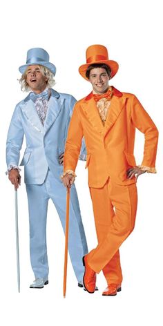 two men dressed in orange and blue are standing next to each other, one is holding a cane