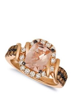 Crafted in 14K Strawberry Gold with 18 Chocolate Diamonds lining the band, this eye-catching ring by Le Vian features a stunning Peach Morganite, centered by 16 Vanilla Diamonds. | Le Vian 1 1/2 ct. t.w. Peach Morganite, 1/3 ct. t.w. Vanilla Diamonds, and 1/3 ct. t.w. Chocolate Diamonds Ring in 14K Strawberry Gold, Gold, 7 Wed Rings, Levian Rings, Chocolate Diamond Ring, 14k Rose Gold Jewelry, Levian Jewelry, Chocolate Diamond, Peach Morganite, Rose Gold Morganite, Chocolate Diamonds