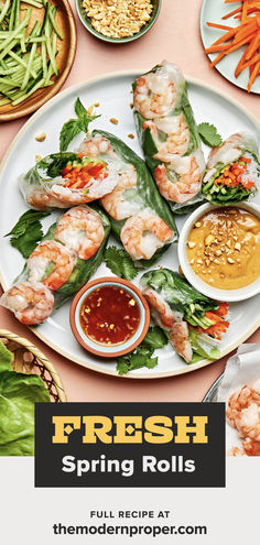 homemade fresh spring rolls on a plate with bowls of peanut sauce and sweet chili sauce for dipping Spring Roll Food Photography, Rice Wrappers, Roll Food, Photoshoot Spring, Fresh Spring Rolls, Spring Roll, Brand Photoshoot