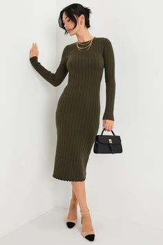 Olive Green Dress - Ribbed Sweater Dress - Midi Sweater Dress - Lulus Fall Work Dresses For Women, Green Knit Dress, Midi Dress Work, Green Sweater Dress, Bodycon Sweater, Bodycon Sweater Dress, Olive Green Sweater, Work Dresses For Women, Olive Green Dresses