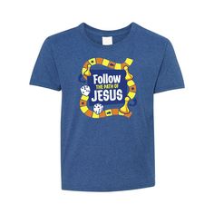 Kids will feel ready for their VBS adventure when they wear this t-shirt! The short-sleeved, blue t-shirt has an image of a board game path with colorful game pieces and the inspirational words, "Follow the Path of Jesus." For your Board Game VBS program, this t-shirt is the perfect addition to your supplies.o Fits sizes 2-4.o Brand: Fruit of the Loomo Short sleeveo 50% cotton and 50% polyester.o High-density fabrico Tear away labelo Double needle hemmed sleeves and bottomo Seamless 1x1 rib coll Vbs Recreation Games For Kids, Twist And Turns Vbs Games, Breaker Rock Beach Vbs 2024 Games, Board Game Vbs Crafts, Vbs Board Game Theme Crafts, Board Game Vbs, Jesus Games, Game Vbs, Board Game Themes