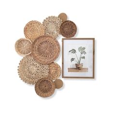 an arrangement of wicker baskets and pictures on the wall with a plant in it