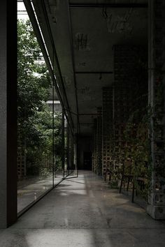 an empty hallway with benches and trees in the background