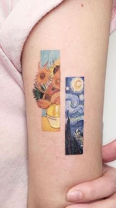 a person with a tattoo on their arm holding up a piece of art that looks like van gogh