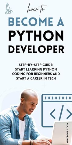 a man sitting in front of a laptop computer on top of a desk with the title how to become a python devloper