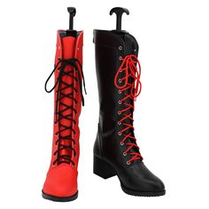 two pairs of black and red boots with laces on the side, one has an umbrella