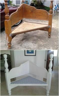 an old wooden bed frame with no headboard and foot board is being used to make it