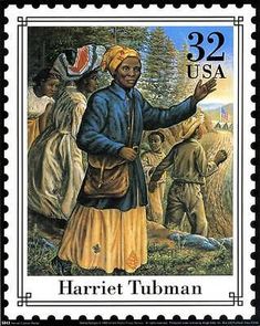 a postage stamp with an image of harriet tubman and other people in the background