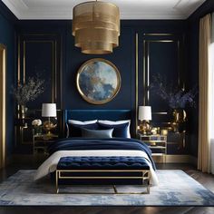 a bedroom with blue walls and gold accents