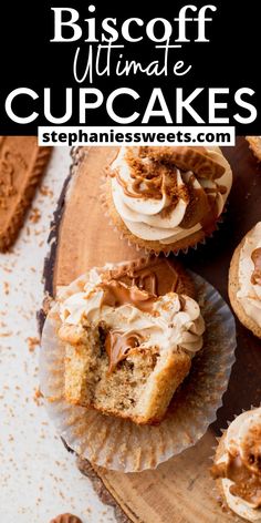 some cupcakes with frosting and nuts on top