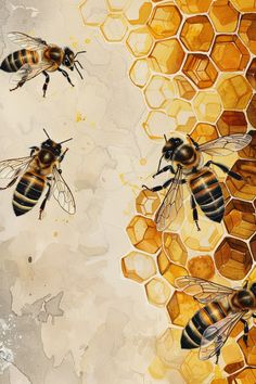 two bees on honeycombs with watercolor paint effect in the middle one is yellow and the other is brown