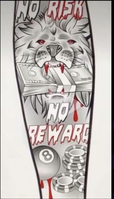 a skateboard with an image of a cat on it's side and the words, no reward