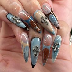 y2k Nails Press On, Acrylic Press On, Almond Press On Nail, Birthday Nails, Brown Nails, Chrome Press On Nails, Cute Nails, 3d Gel Nail. ❤️ Greetings and welcome to my store. Hope you find a style you like. ⭐ 𝐌𝐚𝐭𝐞𝐫𝐢𝐚𝐥: I only work with high quality materials to create sturdy & long-lasting luxury press on nails that you can trust on. ⭐My nails will last for: 1- 2 days using adhesive tab (provided with the nail set) 2- 3 weeks using nail glue. You can reuse all of the nails multiple times if you take care of them. ⭐ 𝐒𝐢𝐳𝐞: XS : 15mm, 12mm, 13mm, 11mm, 9mm S: 16mm, 13mm, 14mm, 12mm, 9mm M: 17mm, 13mm, 14mm, 12mm, 10mm L: 18mm, 14mm, 15mm, 13mm, 11mm If you would like a custom size, please fill out the personalization section under the product options. I'm happy to help you measure Birthday Almond Nails Designs, Birthday Nails Brown, Brown Nails Chrome, Nail Birthday, Pressons Nails, Fake Acrylic Nails, Cross Nails, Nails Brown, Long Stiletto Nails