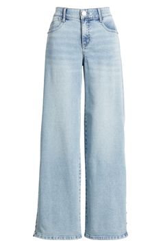 Pearly beads with cut-outs highlight the trendy wide legs of light-wash, high-rise jeans made with 'Ab'solution powermesh panels that comfortably mold and hold. 32" inseam; 22" leg opening; 10 1/2" front rise; 15 1/2" back rise Zip fly with button closure Five-pocket style 59% cotton, 35% REPREVE® recycled polyester, 4% rayon, 2% spandex REPREVE recycled polyester is made from 100% post-consumer recycled plastic bottles Machine wash, tumble dry Imported Light Wash Jeans Women, Wide Leg Light Blue Jeans, Light Blue Wide Leg Jeans Outfit, Mall Clothes, Light Wash Wide Leg Jeans, Wide Leg Outfit, Blue Jeans Women, Disney Outfit Ideas, Light Blue Pants