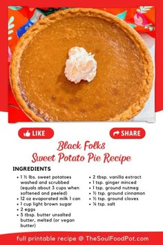 the recipe for black folks sweet potato pie is shown in red and white, with information about it