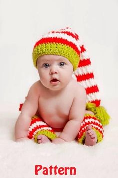 a baby wearing a knitted hat and diaper