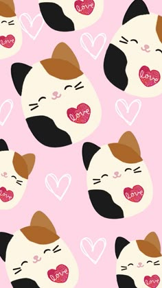 a pink background with black and white cats on it's faces, hearts and words