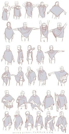 some drawings of people with capes on their heads and arms, in various poses