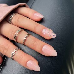 Subtle Hint Nude Sparkly Nails, Bedazzled Nails, Short Almond Shaped Nails, Bow Nail Designs, Acrylic Manicure, Nail Salon Supplies, Kiara Sky, Short Almond Nails